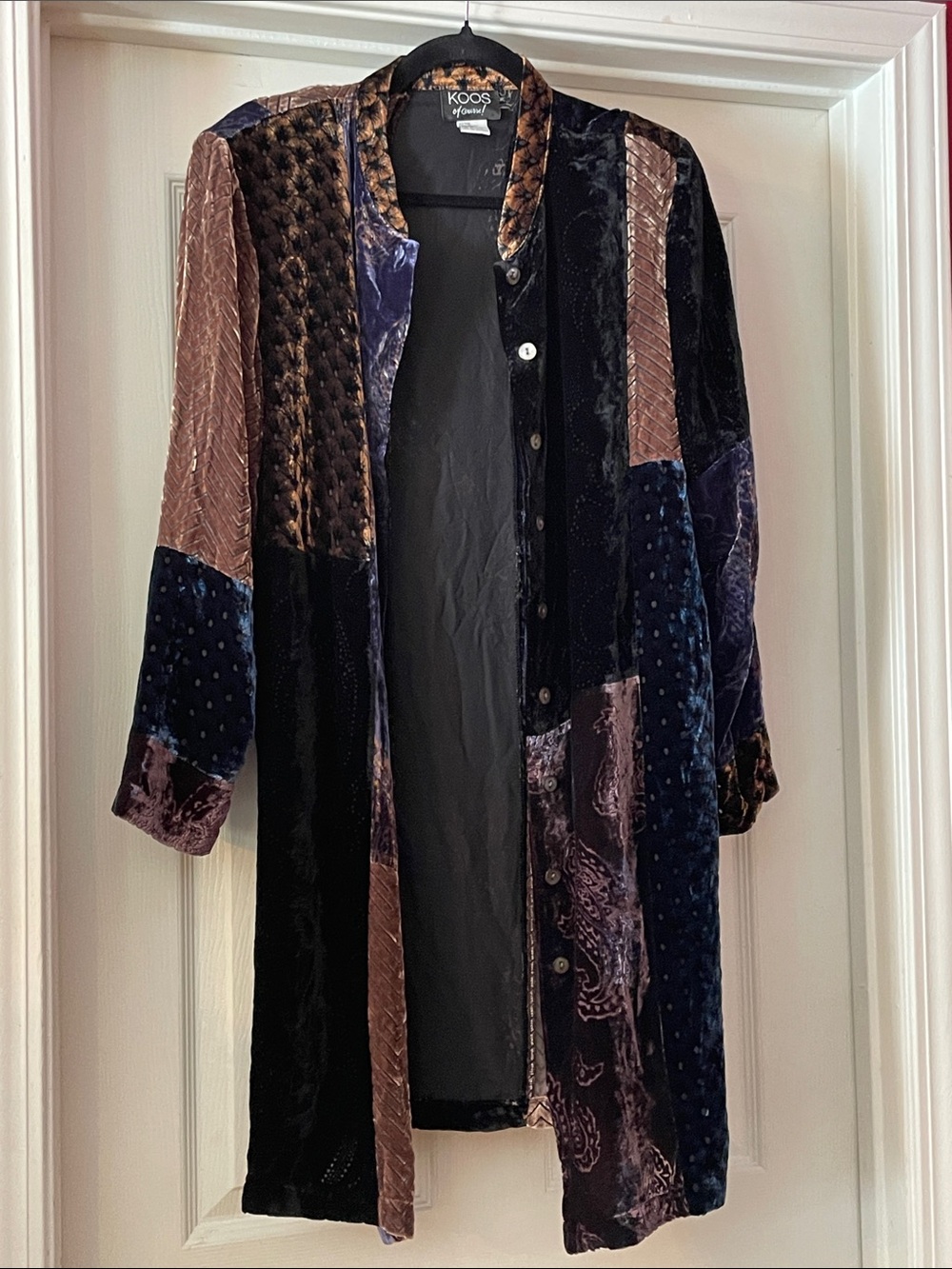 KOOS Velvet Patchwork Long Robe in Navy & Brown